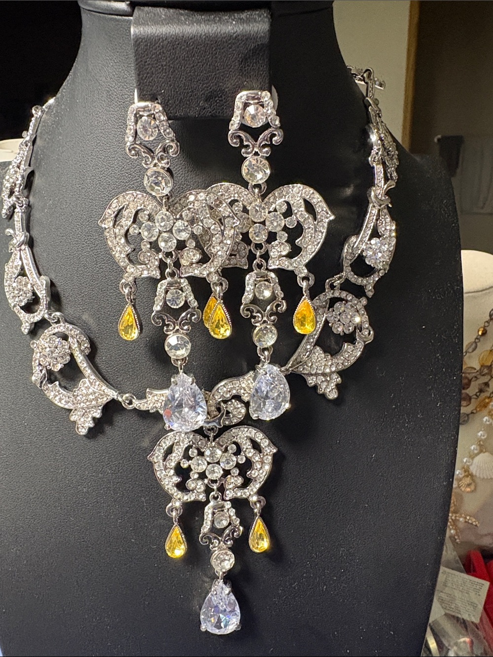 Stunning Crystal and Yellow Teardrop Statement Necklace Set - 2 Piece New!